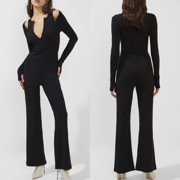 NWT French Connection Safi Ribbef Jersey Zip Up Cutout Jumpsuit Black - Picture 1 of 10